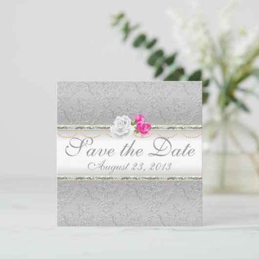 Elegant Silver Damask en Roze Rose sparen de Datum Save The Date (Staand voorkant)
