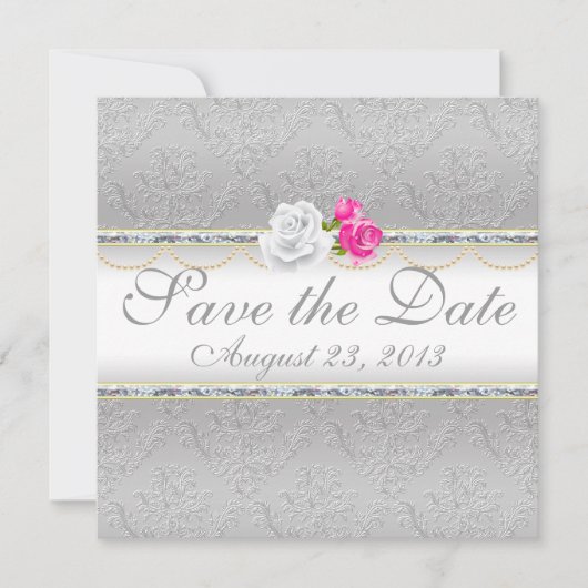 Elegant Silver Damask en Roze Rose sparen de Datum Save The Date (Voorkant)