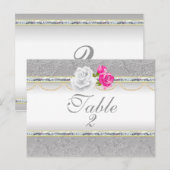 Elegant Silver Damask en roze Rose Table Number Briefkaart (Voorkant / Achterkant)