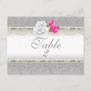Elegant Silver Damask en roze Rose Table Number Briefkaart