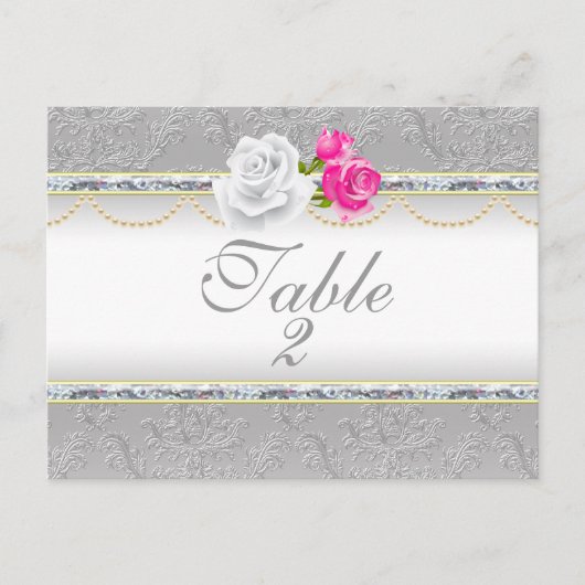 Elegant Silver Damask en roze Rose Table Number Briefkaart (Voorkant)