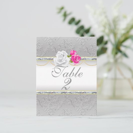 Elegant Silver Damask en roze Rose Table Number Briefkaart (Staand voorkant)