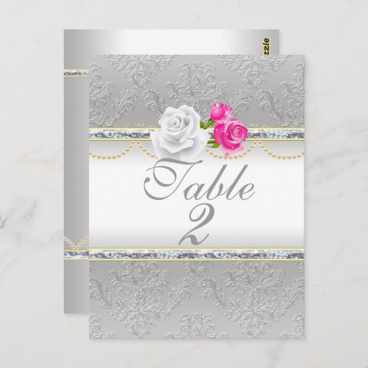 Elegant Silver Damask en roze Rose Table Number Briefkaart (Voorkant / Achterkant)