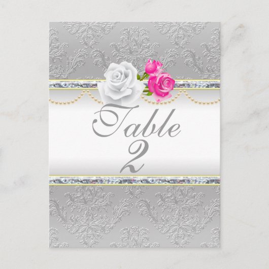 Elegant Silver Damask en roze Rose Table Number Briefkaart (Voorkant)