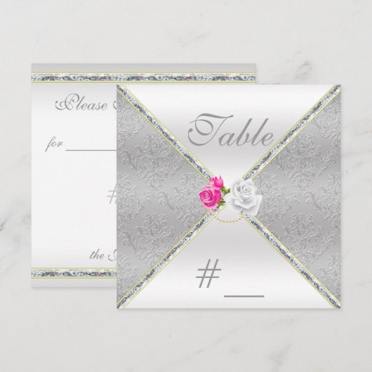 Elegant Silver Damask en roze Rose Table Number Kaart (Voorkant / Achterkant)