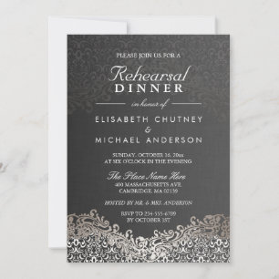 Elegant Silver Damask Formal Rehearsal Dinner Kaart