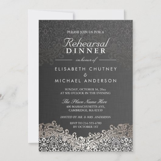 Elegant Silver Damask Formal Rehearsal Dinner Kaart (Voorkant)