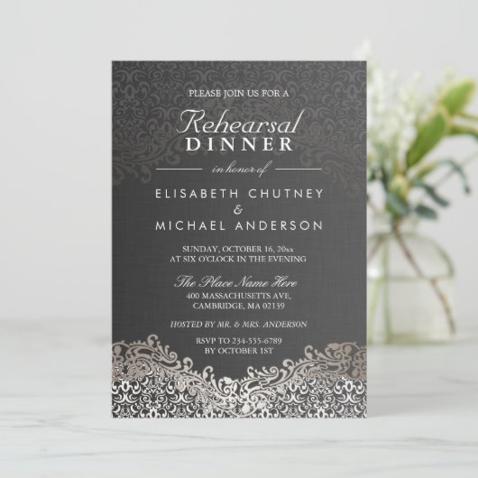 Elegant Silver Damask Formal Rehearsal Dinner Kaart (Staand voorkant)