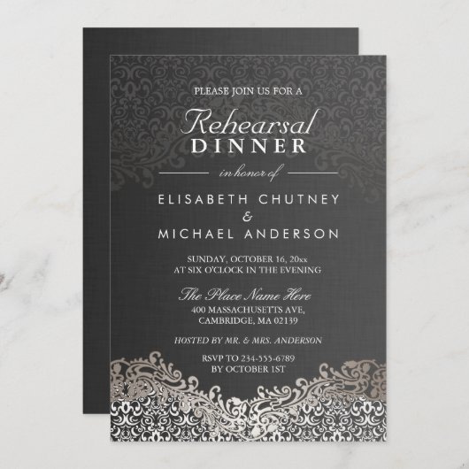 Elegant Silver Damask Formal Rehearsal Dinner Kaart (Voorkant / Achterkant)