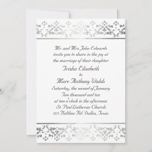 Elegant Silver damask Wedding Invitation Kaart (Voorkant)