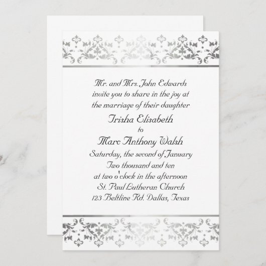 Elegant Silver damask Wedding Invitation Kaart (Voorkant / Achterkant)