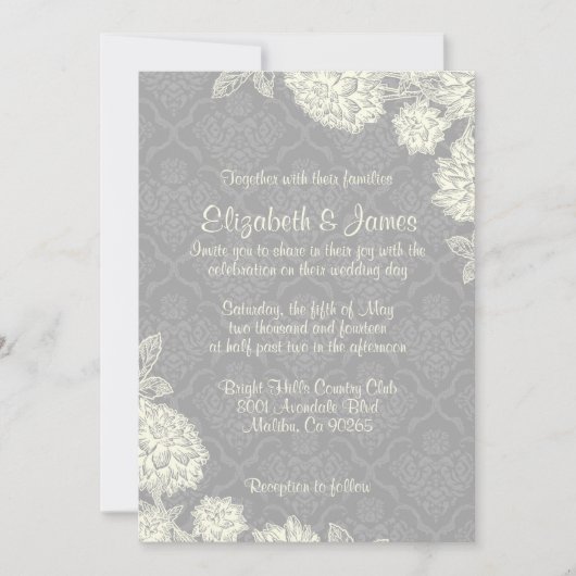 Elegant Silver Damask Wedding Invitations Kaart (Voorkant)