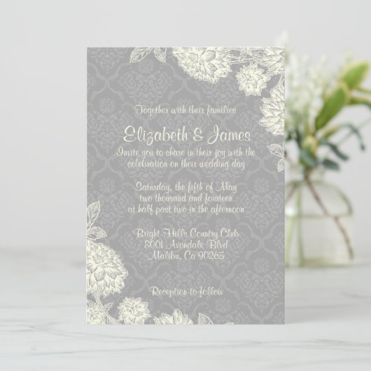Elegant Silver Damask Wedding Invitations Kaart (Staand voorkant)