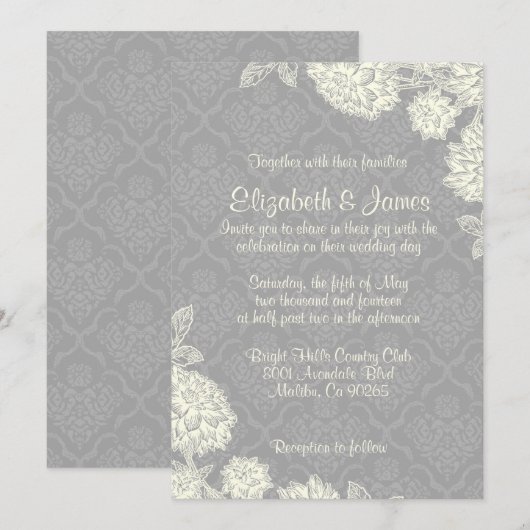 Elegant Silver Damask Wedding Invitations Kaart (Voorkant / Achterkant)