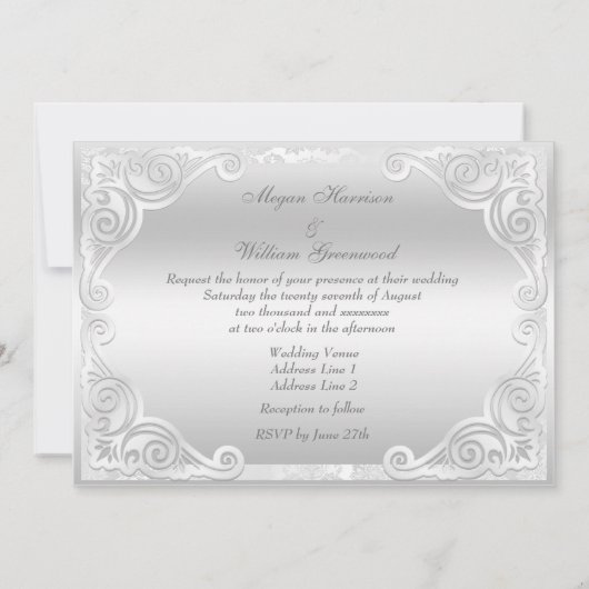 Elegant Silver Damask Wedding Kaart (Achterkant)