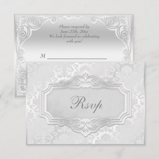 Elegant Silver Damask Wedding Rsvp Kaart (Voorkant / Achterkant)