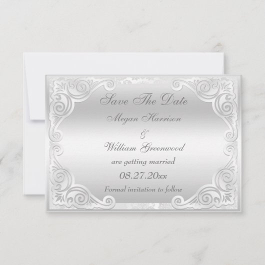 Elegant Silver Damask Wedding Save the Date (Achterkant)