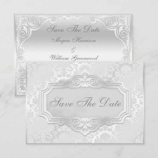 Elegant Silver Damask Wedding Save the Date (Voorkant / Achterkant)