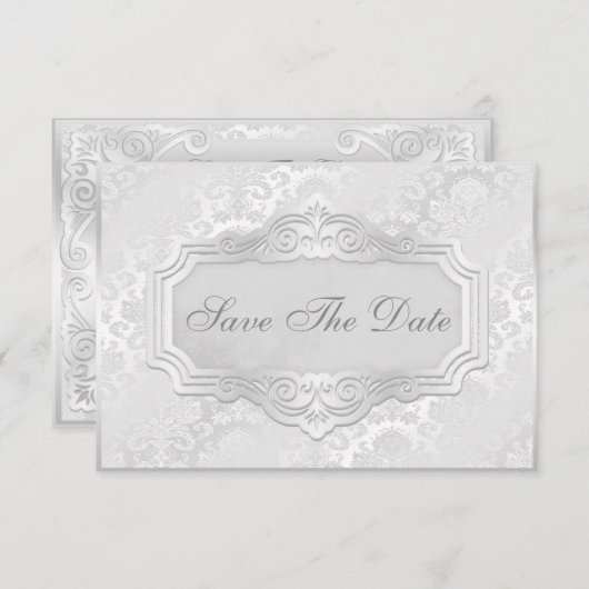 Elegant Silver Damask Wedding Save the Date (Voorkant / Achterkant)