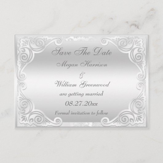 Elegant Silver Damask Wedding Save the Date (Achterkant)