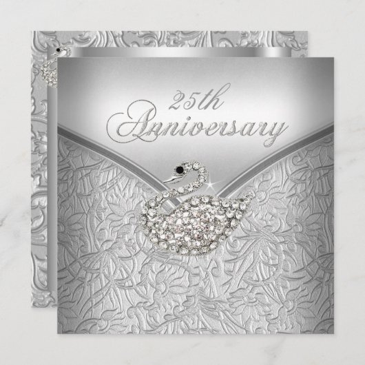 Elegant Silver Damask White Swan 25th Jubileum Kaart (Voorkant / Achterkant)