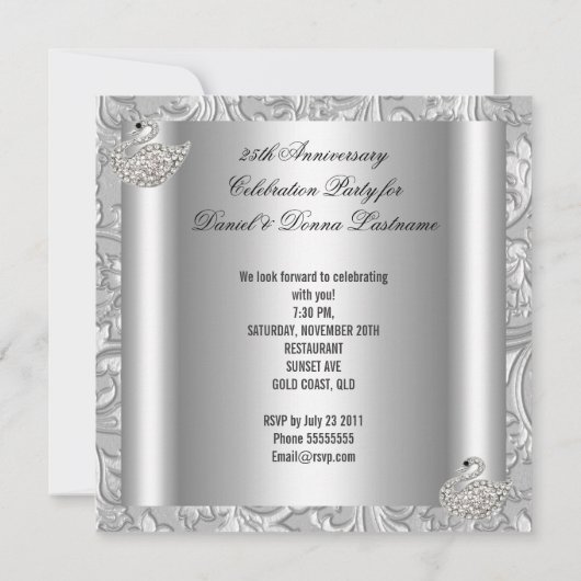 Elegant Silver Damask White Swan 25th Jubileum Kaart (Achterkant)