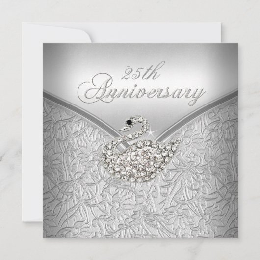 Elegant Silver Damask White Swan 25th Jubileum Kaart (Voorkant)