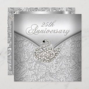 Elegant Silver Damask White Swan 25th Jubileum Kaart