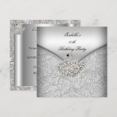 Elegant Silver Damask White Swan Birthday Party Kaart (Voorkant / Achterkant)
