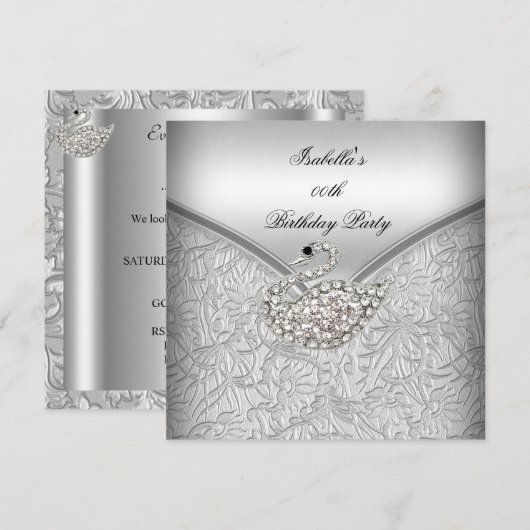 Elegant Silver Damask White Swan Birthday Party Kaart (Voorkant / Achterkant)
