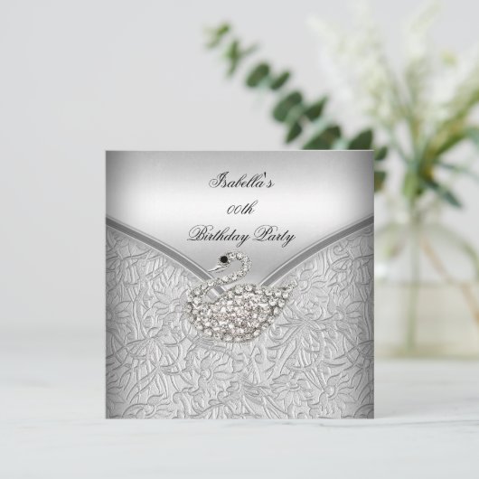 Elegant Silver Damask White Swan Birthday Party Kaart (Staand voorkant)