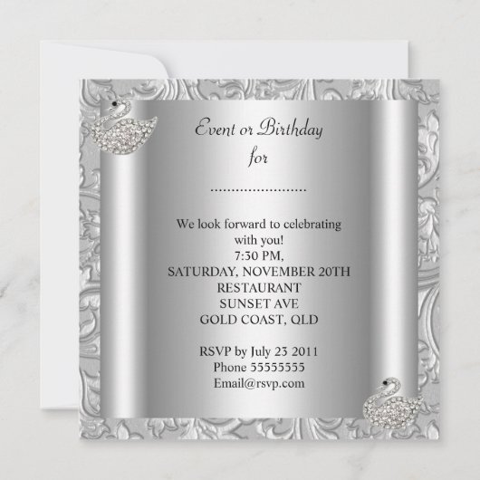 Elegant Silver Damask White Swan Birthday Party Kaart (Achterkant)