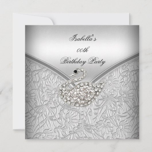 Elegant Silver Damask White Swan Birthday Party Kaart (Voorkant)