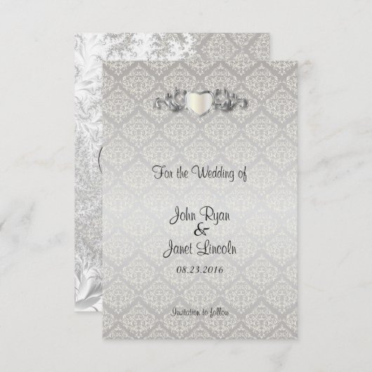 Elegant Silver Damasstijl Save The Date (Voorkant / Achterkant)