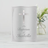 Elegant Silver demask & Cross Baptisme on metal Kaart (Staand voorkant)