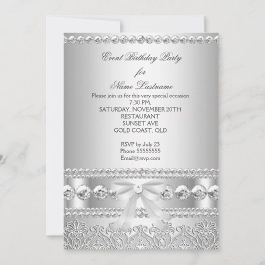 Elegant Silver Diamond White Lace Birthday Party Kaart (Achterkant)