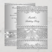 Elegant Silver Diamond White Lace Birthday Party Kaart (Voorkant / Achterkant)