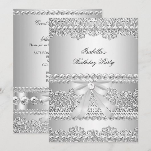 Elegant Silver Diamond White Lace Birthday Party Kaart (Voorkant / Achterkant)