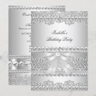 Elegant Silver Diamond White Lace Birthday Party Kaart
