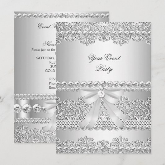 Elegant Silver Diamond White Lace Party Kaart (Voorkant / Achterkant)