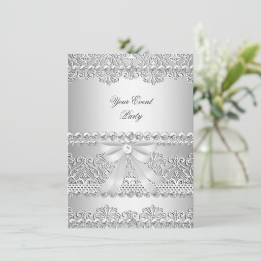 Elegant Silver Diamond White Lace Party Kaart (Staand voorkant)