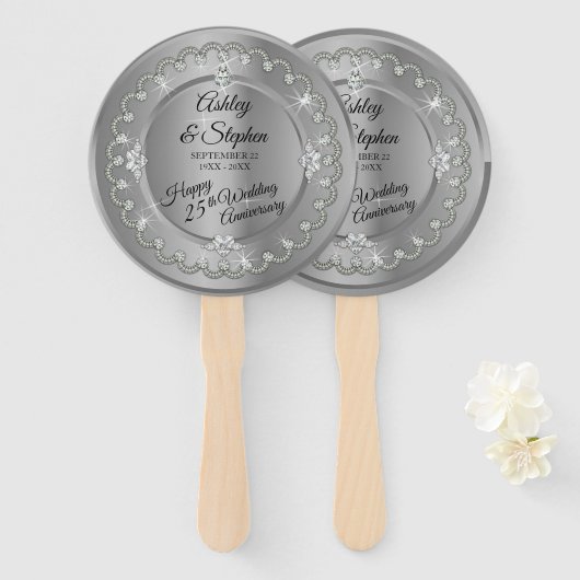 Elegant Silver Diamonds 25th Wedding Jubileum Handwaaier (Voorkant en achterkant)