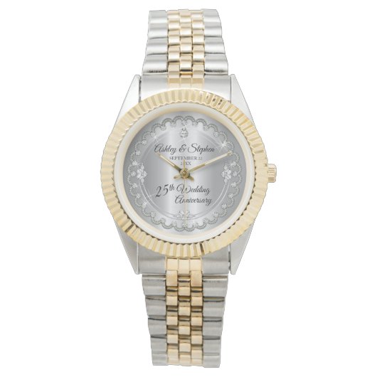 Elegant Silver Diamonds 25th Wedding Jubileum Horloge (Voorkant)