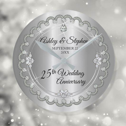 Elegant Silver Diamonds 25th Wedding Jubileum Ronde Klok