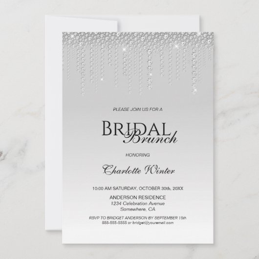 Elegant Silver Diamonds Bridal Brunch Kaart (Voorkant)