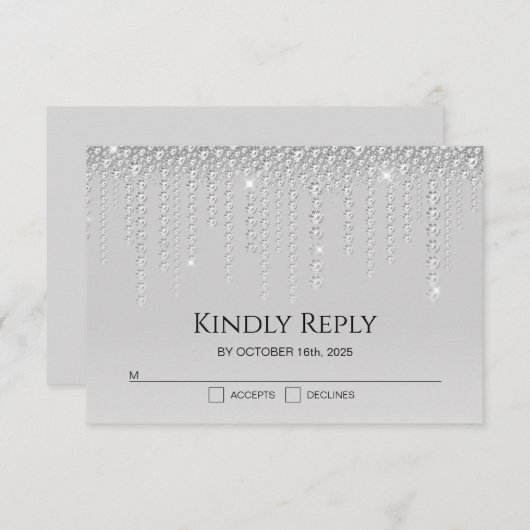 Elegant Silver Diamonds Wedding RSVP Kaart (Voorkant / Achterkant)