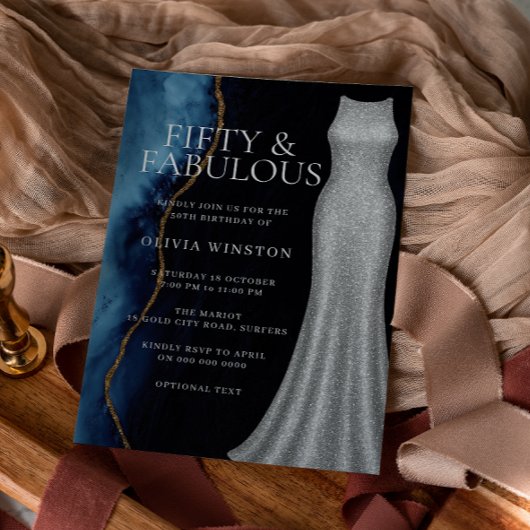 Elegant Silver Dress & Navy 50th Birthday Party Kaart