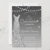Elegant Silver Dress, String Lights Quinceañera Kaart (Voorkant)