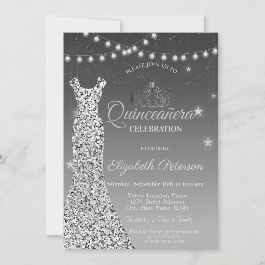 Elegant Silver Dress, String Lights Quinceañera Kaart (Voorkant)