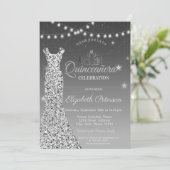 Elegant Silver Dress, String Lights Quinceañera Kaart (Staand voorkant)